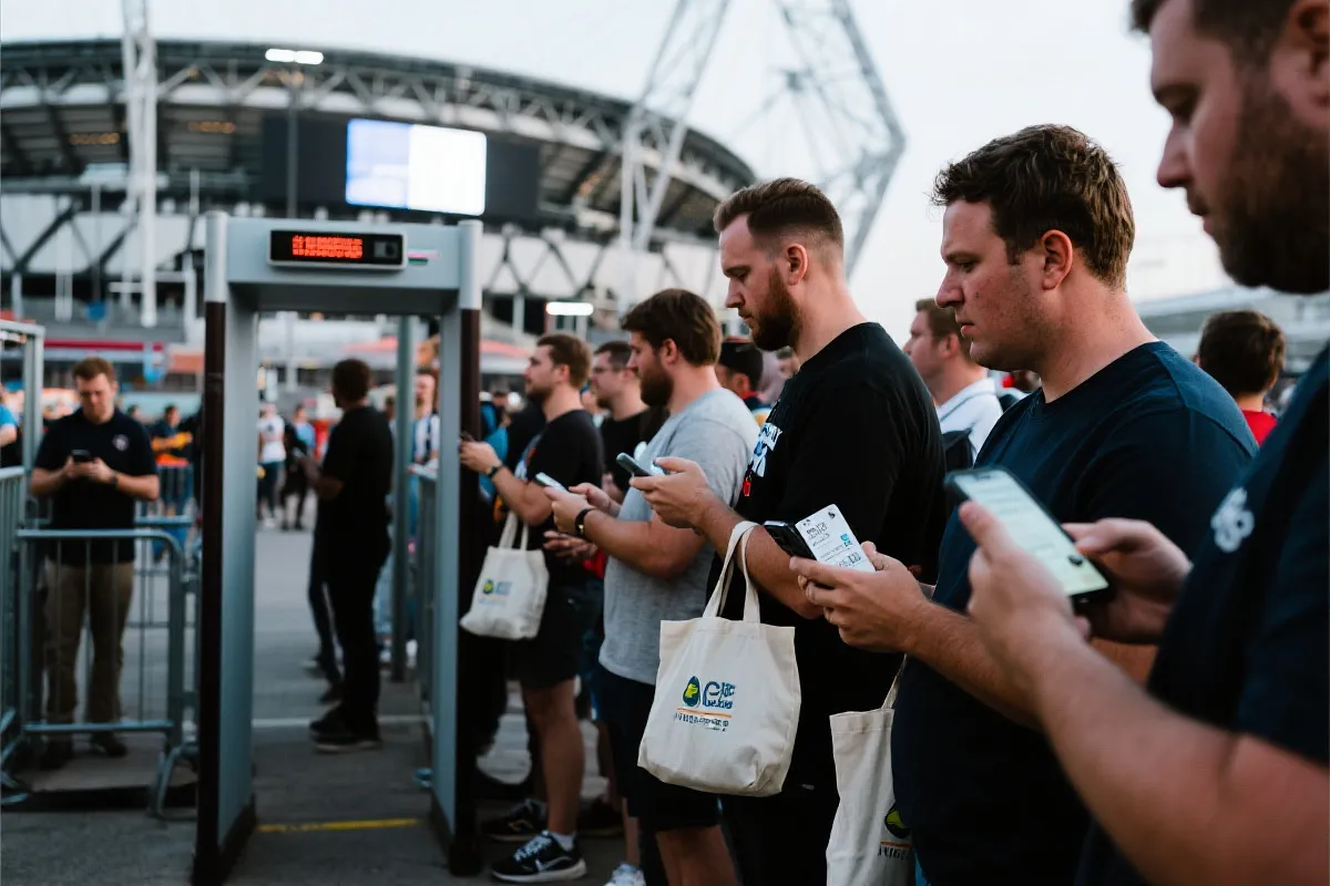 球迷在安检入口排队，手持手机票与轻便小包的场景