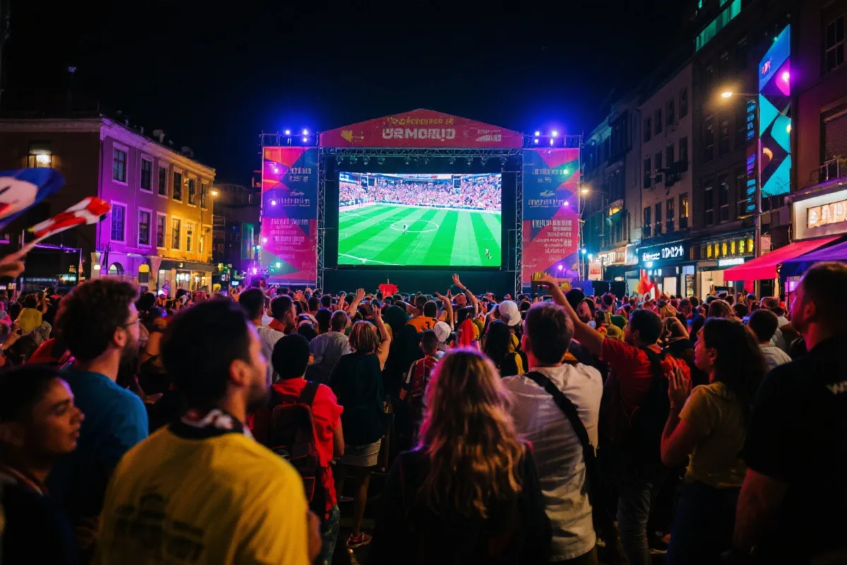 夜晚的球迷嘉年华与大屏幕观赛，灯光与人群交织的多元文化Fan Fest