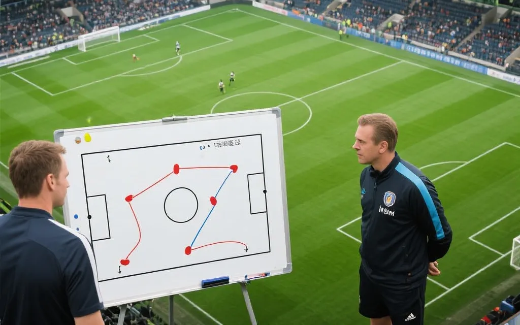 战术板上显示前锋回撤做墙与中场后插上的配合示意，简洁线条风格