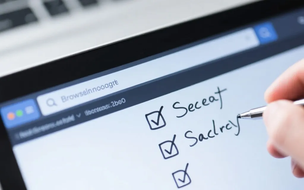 浏览器地址栏与安全检查清单的近景，包含域名核对、权限提示与关闭弹窗的操作场景