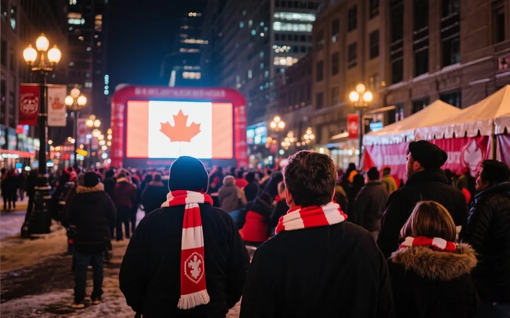 冬夜城市街头的球迷在大屏前观赛，穿着红白围巾，灯光温暖