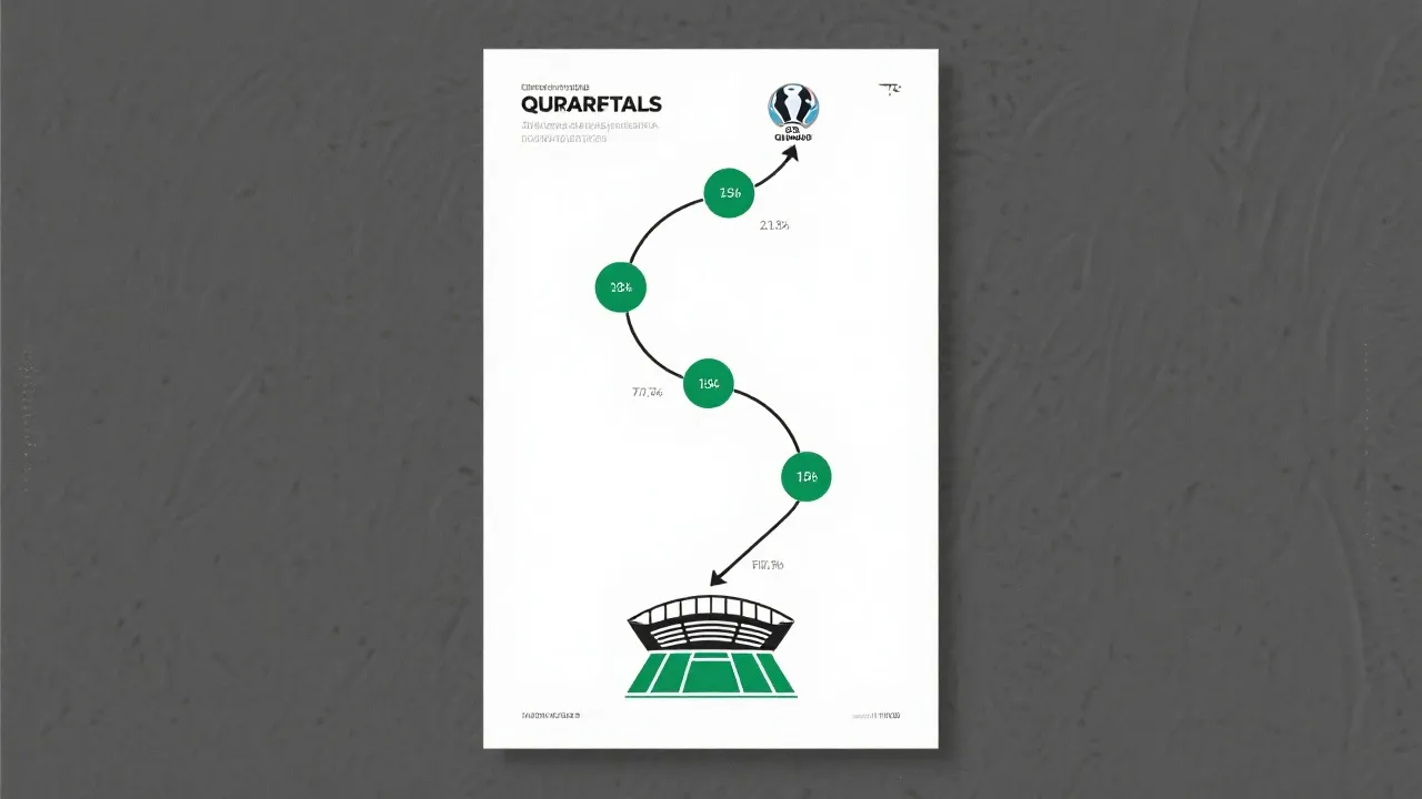世界杯淘汰赛路线图风格海报：从小组赛节点通往决赛城市的箭头与里程