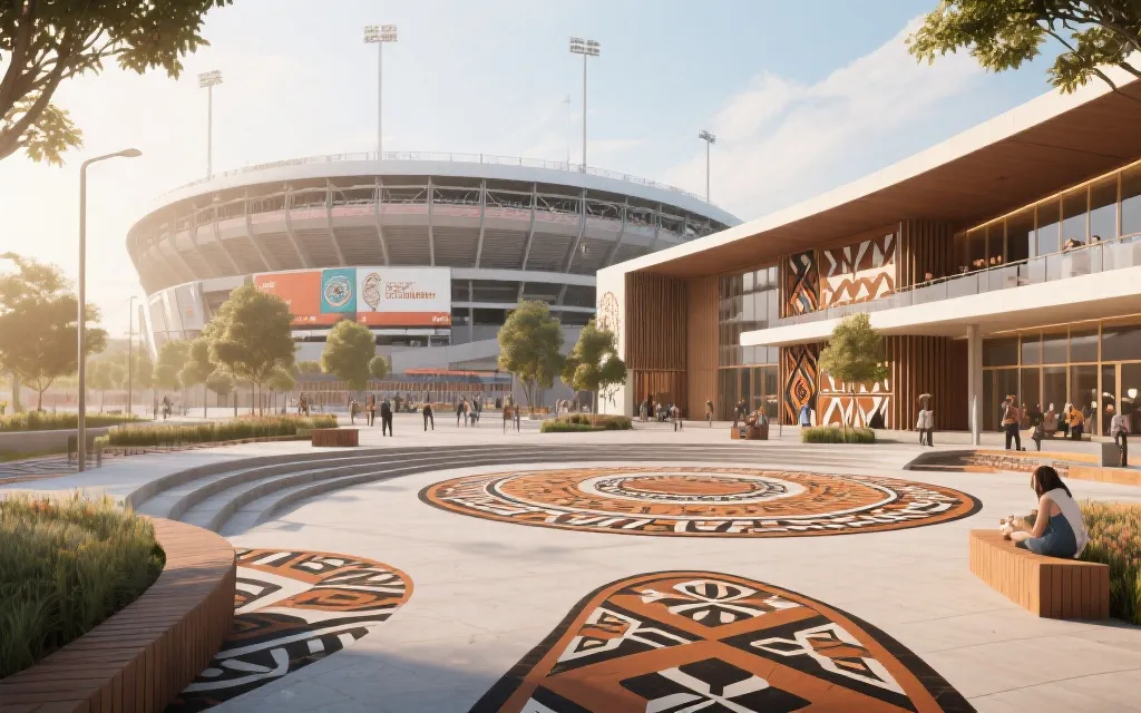 原住民艺术图案与现代体育场外立面融合的公共空间设计概念图