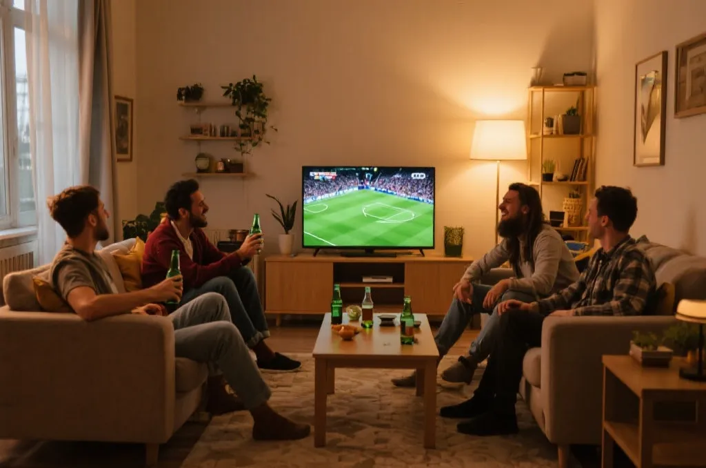 好友聚会观看世界杯比赛，氛围热烈